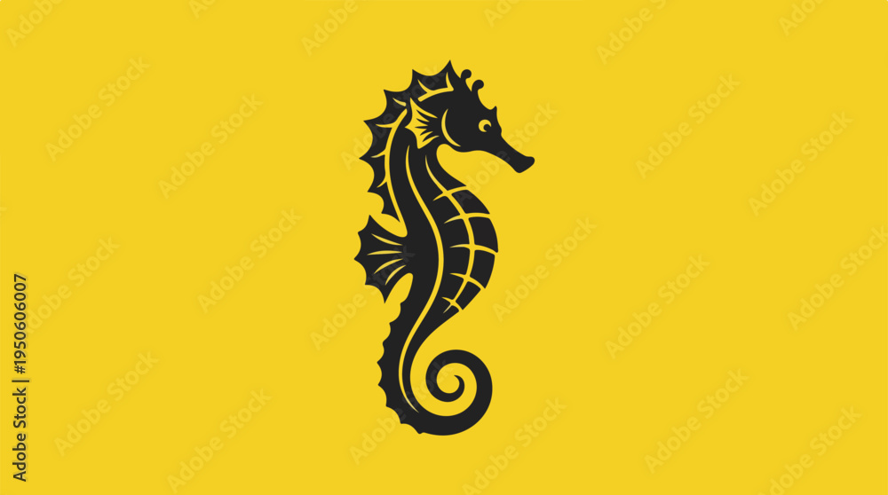 Fototapeta premium Black Seahorse Silhouette on a Vibrant Yellow Background.