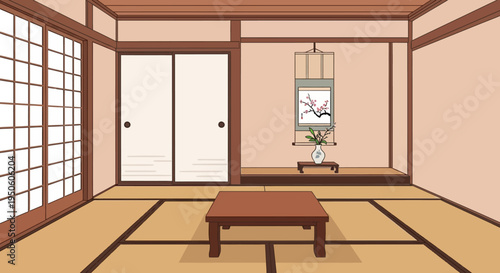 Japanese Room Interior with Tatami Mats, Shoji Screens, and Cherry Blossoms