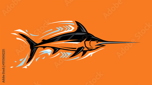 Dynamic Marlin Illustration with Energetic Swirls on Orange Background.