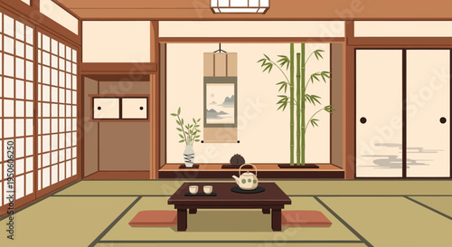Japanese Tea Room Interior with Tatami Mats, Bamboo, and Tea Set