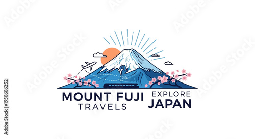 Mount Fuji Travel Logo with Airplane and Cherry Blossoms - Explore Japan