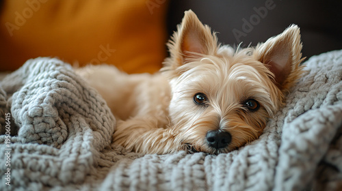 Wallpaper Mural Cute small tan dog with pointy ears resting on a gray knitted blanket indoors with a blurred brown background Torontodigital.ca