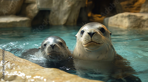 Wallpaper Mural Two sea lions swimming in a pool with rocky background looking directly at the camera with curiosity and playfulness Torontodigital.ca