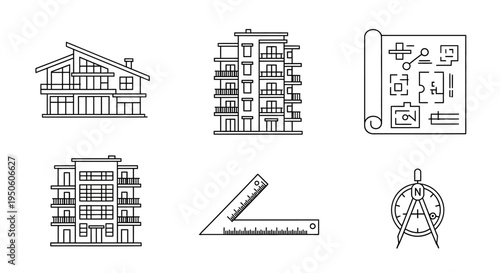 Architecture and Construction Line Art Icons. Modern Residential Buildings, Apartment Blocks, Blueprint Plans, and Engineering Drawing Tools Set.