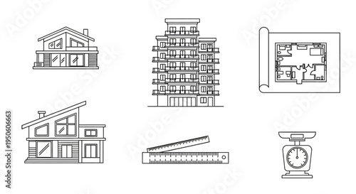 Collection of outline vector icons depicting architecture, real estate, construction, building plans, and measurement tools.