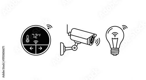 Smart home devices vector icons set. Internet of Things (IoT) technology with connected thermostat, security camera, and light bulb automation.