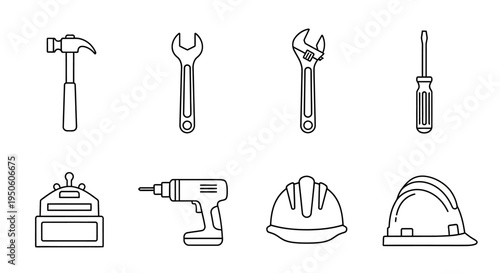 Outline tool icons set: hammer, wrench, screwdriver, drill, toolbox, and safety hard hats. Vector illustration for construction, repair, or DIY.