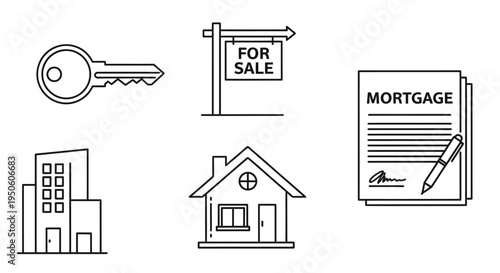 Real Estate and Housing Vector Line Icons Set: Key, For Sale Sign, House, Building, and Mortgage Document Symbols
