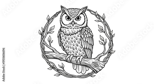 Ornate black and white owl illustration perched on a leafy branch. Detailed vintage-style drawing of a wise woodland bird.