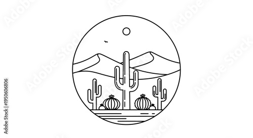 Minimalist desert landscape line art vector illustration featuring saguaro and barrel cacti, sun, and dunes in a circular frame.