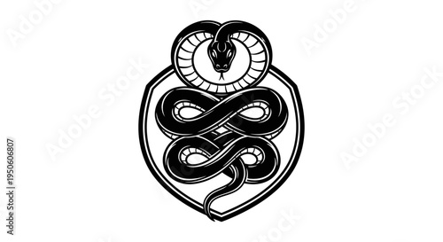 Intricate black and white intertwined snake emblem on a shield. Mystical serpent illustration symbolizing wisdom, protection, and eternity.