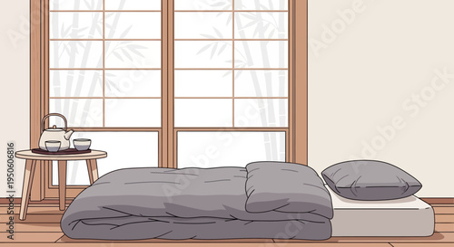 Japanese Bedroom Interior with Futon Bed, Tea Set, and Bamboo Window