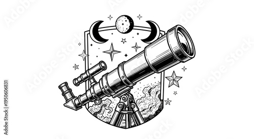 Vintage astronomical telescope illustration with celestial stars, moon phases, and cosmic elements. Hand-drawn celestial observatory graphic.