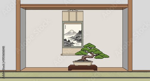 Japanese Bonsai Tree and Scroll Painting in Traditional Room