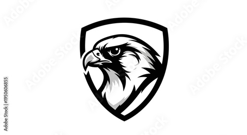 Stylized black and white eagle head in a shield vector logo design. Fierce bird of prey mascot graphic for sports or security.