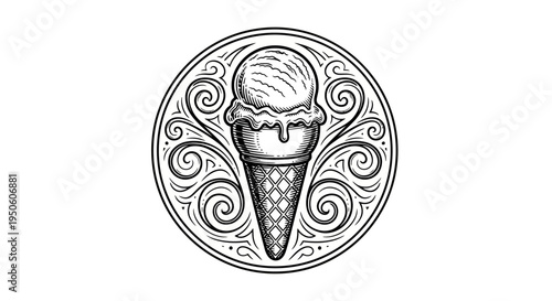 Vintage Ice Cream Cone Illustration with Ornate Swirls. Hand-drawn Dessert Graphic Design Element in Circular Monochromatic Style.