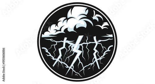 Stormy Weather Graphic Icon with Lightning Bolts and Dark Clouds in a Circular Design for Forecast or Warning
