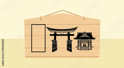 Japanese Ema Prayer Plaque with Torii Gate and Shrine Illustration
