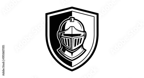 Medieval Knight Helmet and Shield Icon Black and White Illustration - Historical Warrior Protection Emblem