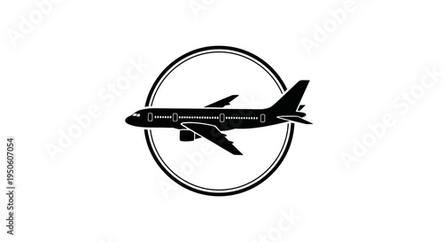 Black silhouette airplane vector graphic in a circular frame. Air travel, aviation, flight, and transport concept icon.