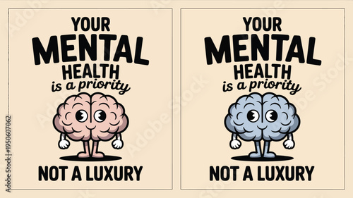 Mental health day posters, retro comic style vector graphics showing positive mental wellness icons, therapy concepts, and friendly character designs.