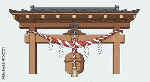 Japanese Torii Gate with Bell and Shimenawa Rope