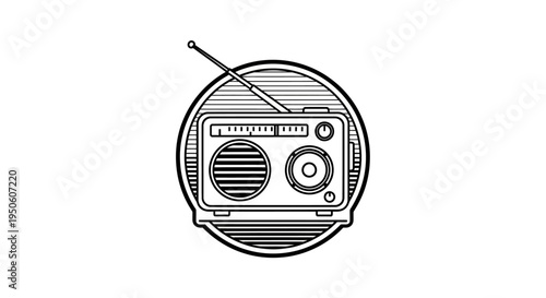 Vintage Retro Radio Icon Illustration in Black and White Line Art Style with Antenna and Dial for Audio Communication