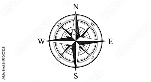 Vintage style compass rose illustration with cardinal directions N, S, E, W for navigation, travel, and exploration concepts