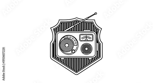 Retro Radio Receiver Emblem Vector Icon. Vintage Style Communication Device Badge with Antenna and Dials, Black and White Illustration.