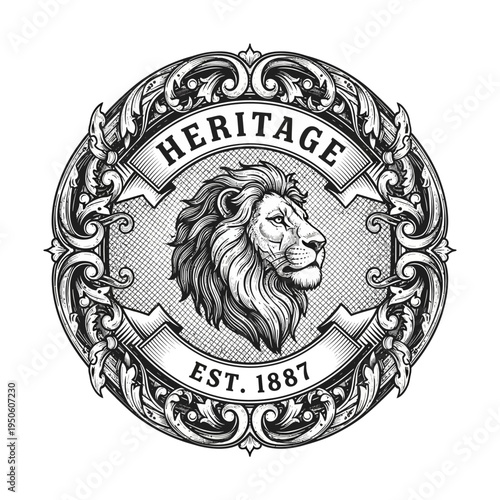 Ornate vintage lion head emblem illustration, exuding strength, heritage, and timeless elegance within a classic, regal design for a distinguished brand identity