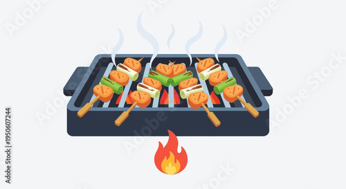 Barbecue Grill with Skewers of Meat and Vegetables Cooking on Open Flame