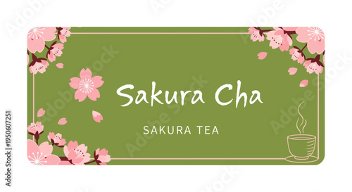 Sakura Cha Japanese Cherry Blossom Tea Label Design with Cup and Flowers