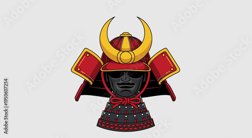 Samurai Helmet Icon, Traditional Japanese Warrior Armor, Red and Gold