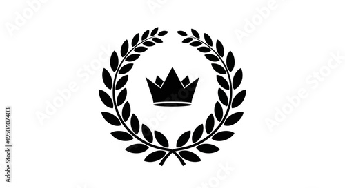 Black laurel wreath with crown icon. Vector illustration of a royal symbol for success, victory, premium quality, or achievement.