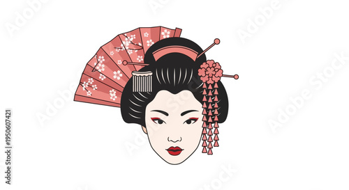 Traditional Japanese Geisha Portrait with Pink Fan and Hair Ornaments