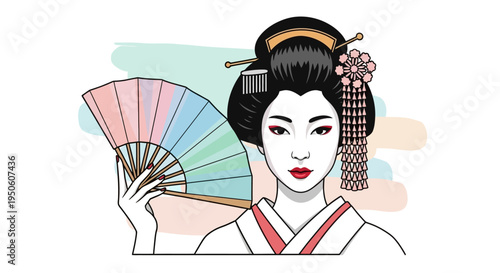 Elegant Geisha Holding a Fan, Traditional Japanese Woman in Kimono
