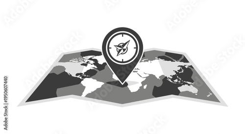 Stylized grayscale world map with location pin marker and compass icon. Global navigation, travel direction, and geographic location concept.