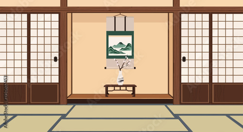 Traditional Japanese Room Interior with Shoji Screens, Scroll Painting, and Vase