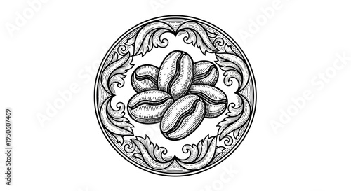 Hand-drawn vintage coffee beans illustration in an ornate circular frame. Engraved retro style black and white graphic design element.