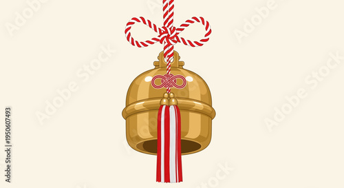 Golden Bell with Red Tassel and Knot, Traditional Japanese Charm