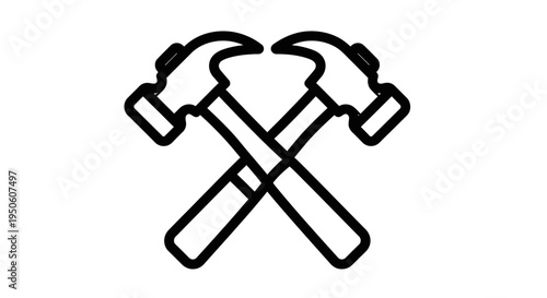 Crossed hammers outline icon for construction, repair, DIY, carpentry, and home improvement tools symbol.