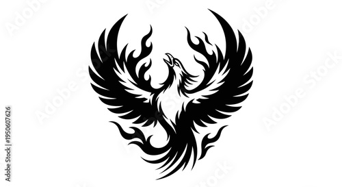 Stylized black phoenix bird rising from flames, a powerful mythical creature representing rebirth, strength, and eternity.