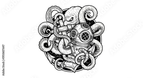 Intricate black and white illustration of an octopus entwined with a vintage diving helmet and an old ship anchor, deep sea concept art