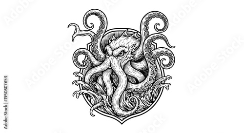 Fierce Octopus Sea Monster Illustration with Tentacles in Vintage Gothic Style on a Heraldic Shield Emblem