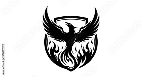 Mythical Phoenix Bird Rising from Flames within a Shield Emblem Vector. Strong Legendary Creature Symbol of Rebirth and Power.