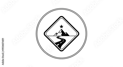 Mountain peak with star and winding path, representing journey, success, achievement, and exploration. Concept icon design.