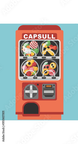 Orange Vending Machine Filled with Colorful Candy Capsules and Toys