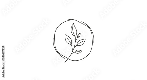 Simple line art plant branch with leaves inside a hand-drawn textured circle. Minimalist botanical design element, elegant organic illustration.