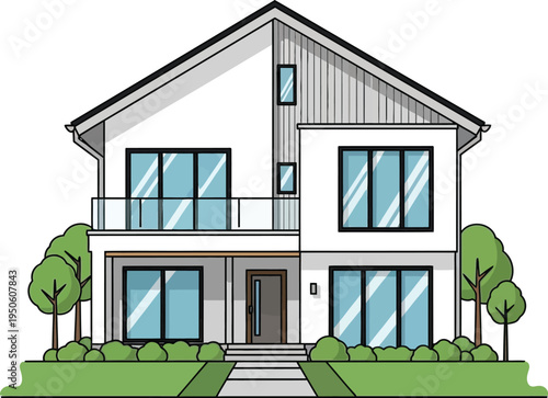 Modern minimalist two story family house with large glass windows balcony and manicured green garden featuring a sleek contemporary architectural design with a pitched roof ideal