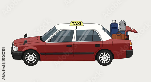 Red Japanese Taxi Car with Luggage on Roof Rack for Travel